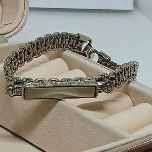 Vintage Silver Tone ID Bar Bracelet with Mother-of-Pearl Inlay